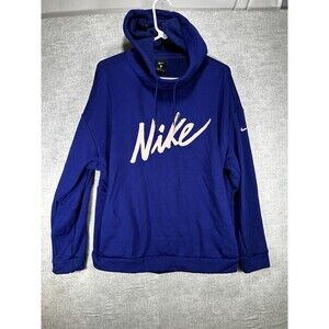 Nike Womens Script Pink Logo Hoodie Sweatshirt Blue Pullover Size Large Pockets